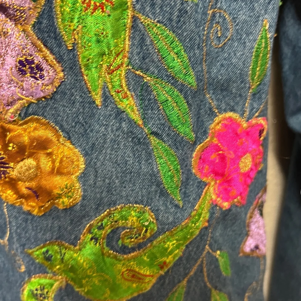 Carolina Blues Plus Denim Jacket 20W Embroidered Floral Boho Pink Collar - Picture 10 of 16